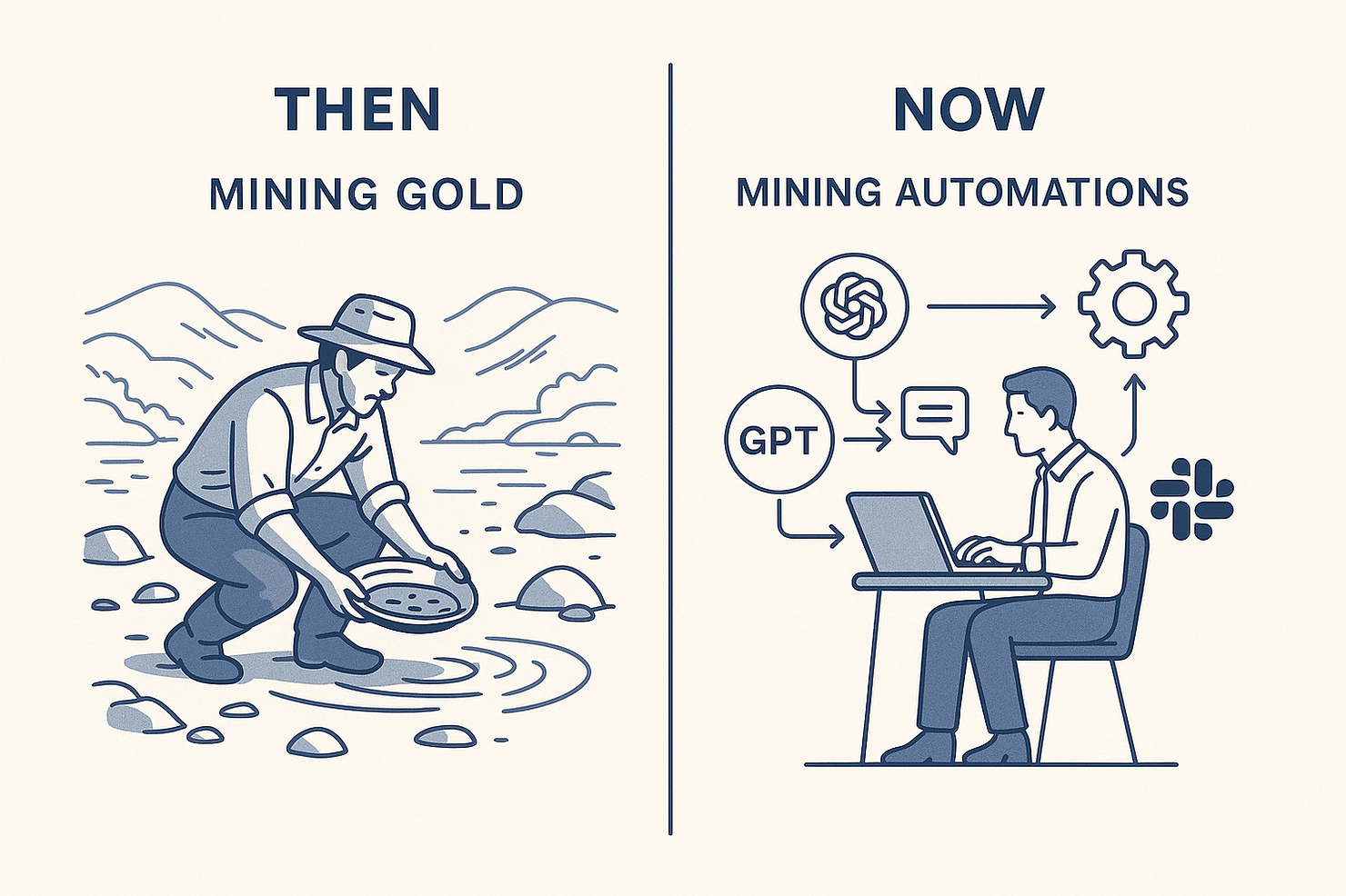 Then: mining gold / Now: mining automations — a person panning for gold beside someone wiring up GPT automations