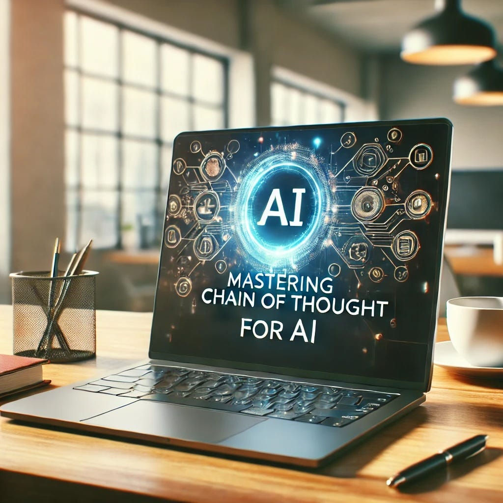A laptop on a desk displaying 'Mastering Chain of Thought for AI'