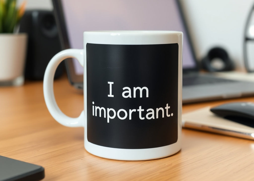 A coffee mug on a desk that reads 'I am important.'